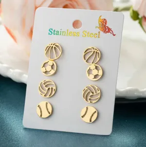 Gold Stainless Steel Sports Stud Earring Set of Four