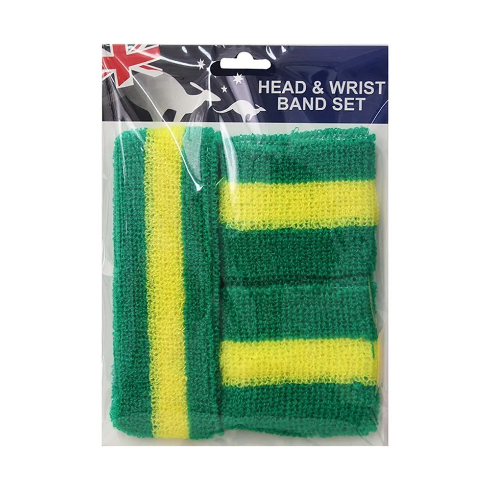 3pk Aussie Team Supporter Green & Yellow Headband & Wristband Set