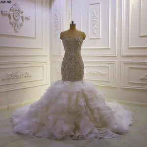 AM1395 Luxury Full Beading Strapless Sweetheart Ruffles Mermaid Wedding Dress