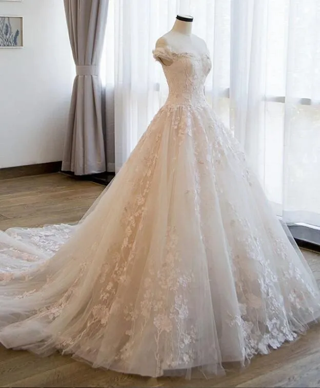 Ball Gown Off the Shoulder Lace Appliqued Wedding Dress, Ivory Bridal Dress N2586