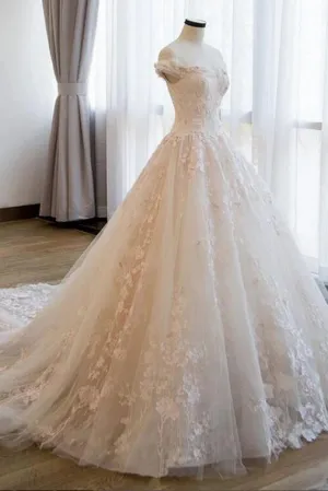 Ball Gown Off the Shoulder Lace Appliqued Wedding Dress, Ivory Bridal Dress N2586