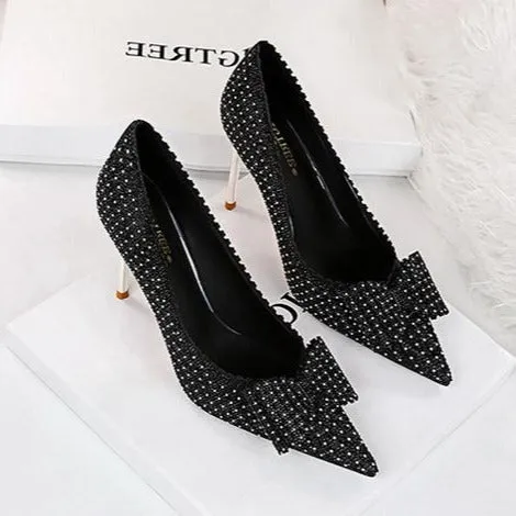 Bow Detail Sequin Decor Stiletto Heeled  Pumps