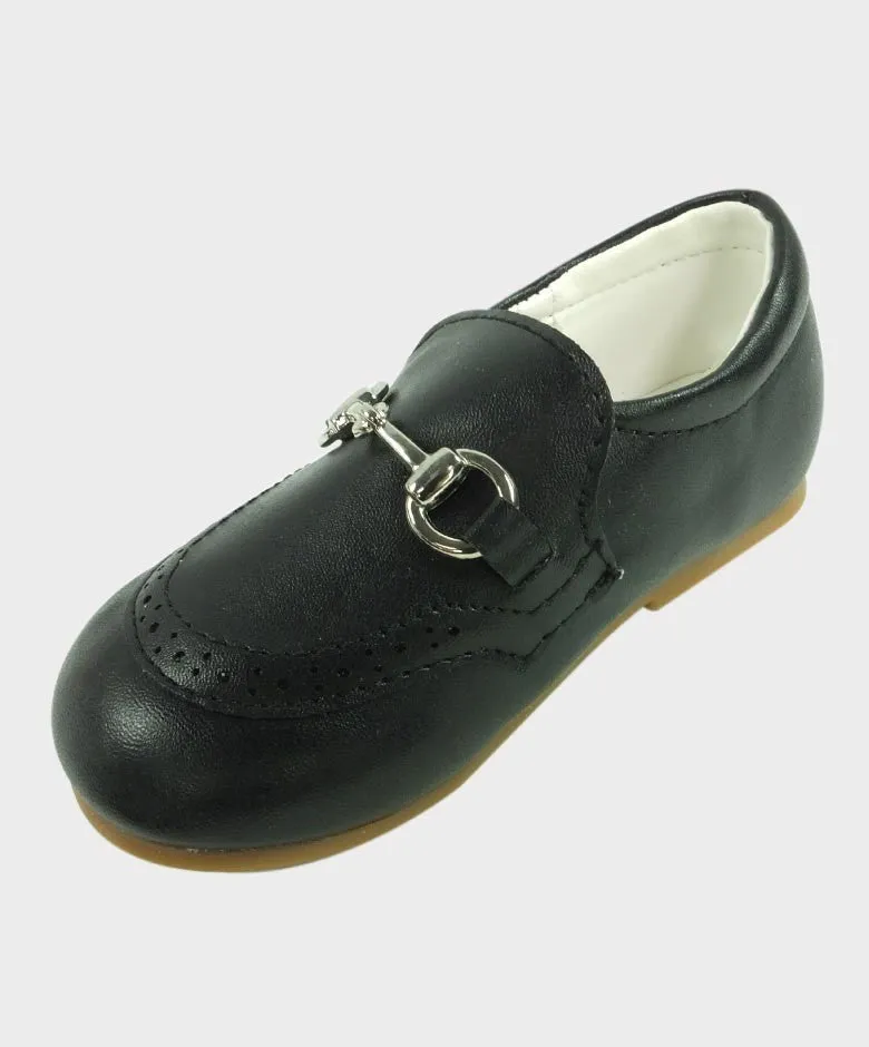 Boys Leather Moccasin Loafers with Silver Horsebit - Black