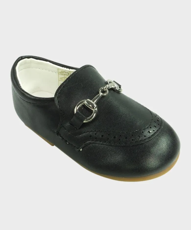 Boys Leather Moccasin Loafers with Silver Horsebit - Black