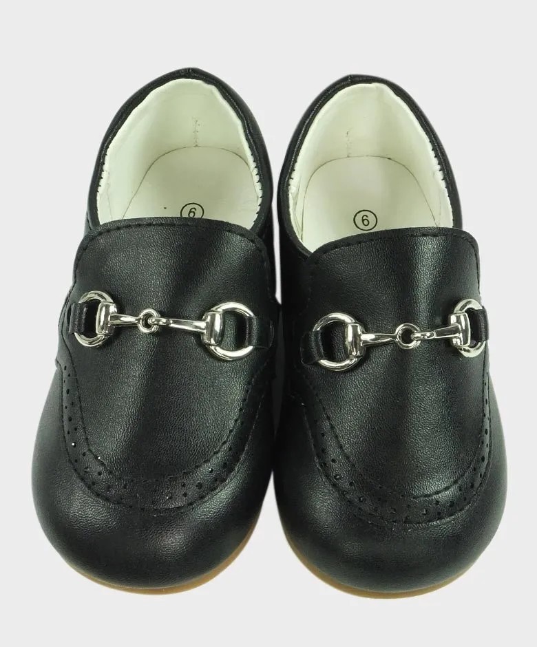 Boys Leather Moccasin Loafers with Silver Horsebit - Black