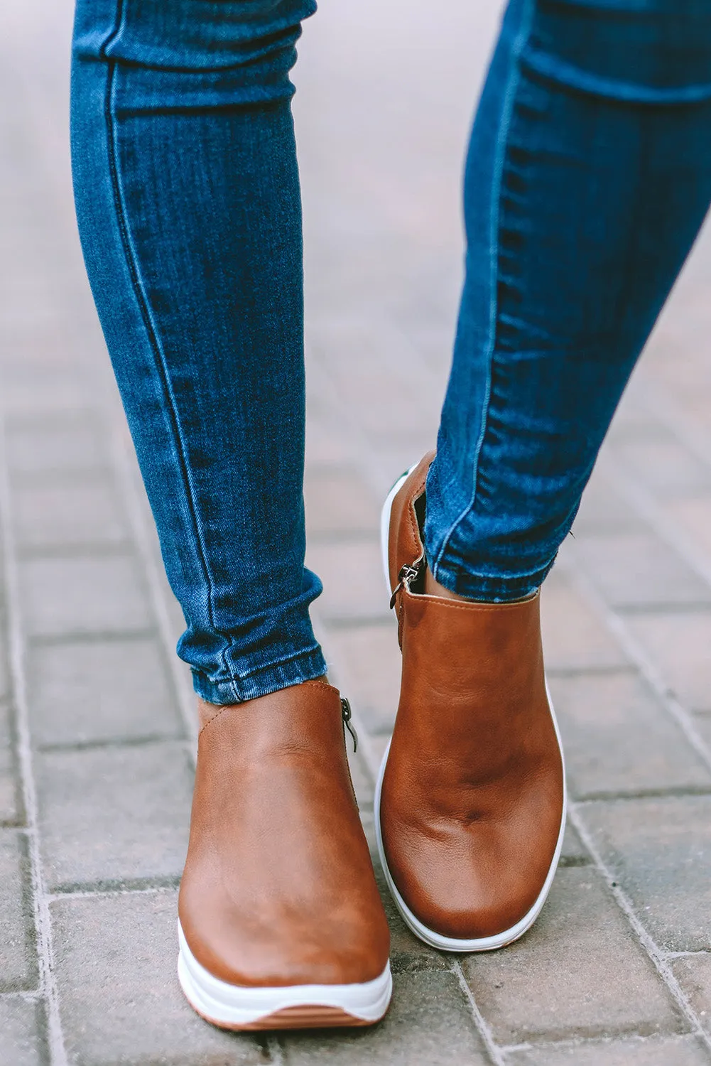 Brown Leather Zipped Non-Slip Thick Sole Shoes