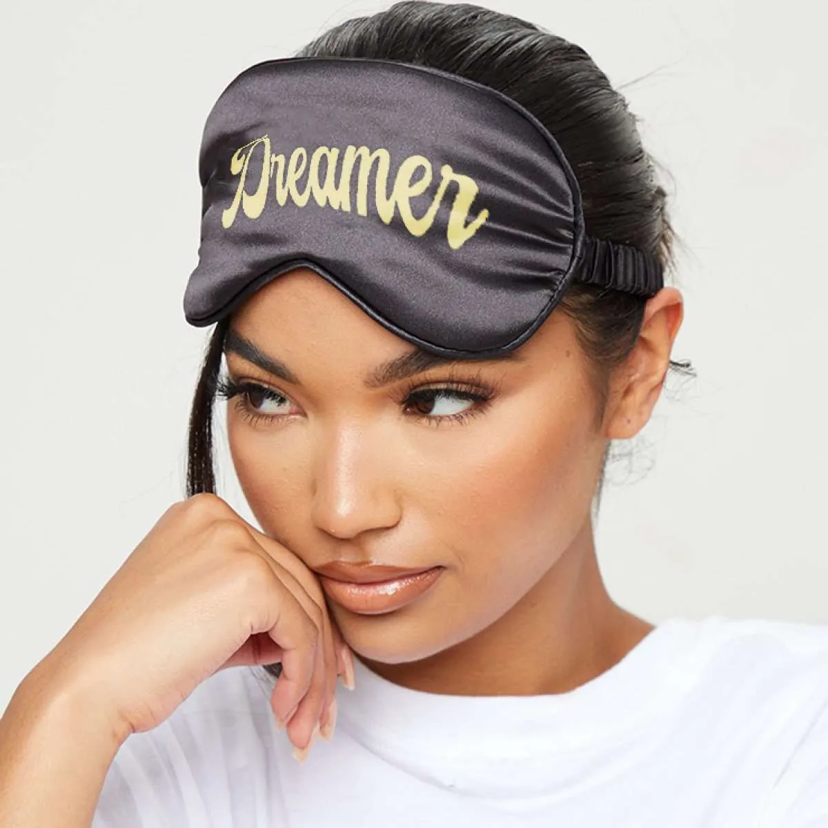 Contoured & Satin Sleep Mask Double Pack & Black Storage Bag Set - Dreamer Print & Wink Print, Black