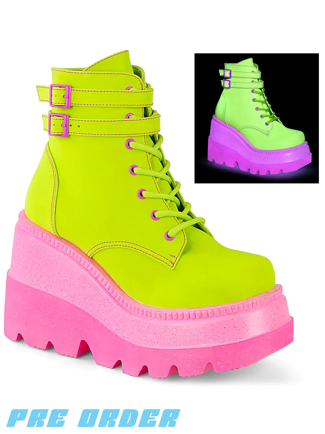 DEMONIA SHAKER-52 PLATFORM BOOTS - LIME REFLECTIVE ✰ PRE ORDER ✰