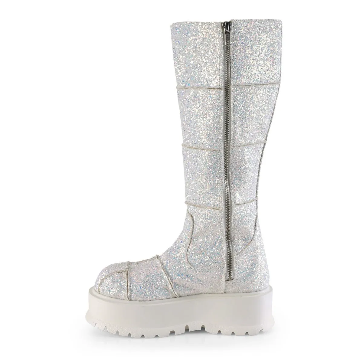 Demonia SLACKER-230 | White Glitter Knee High Boots