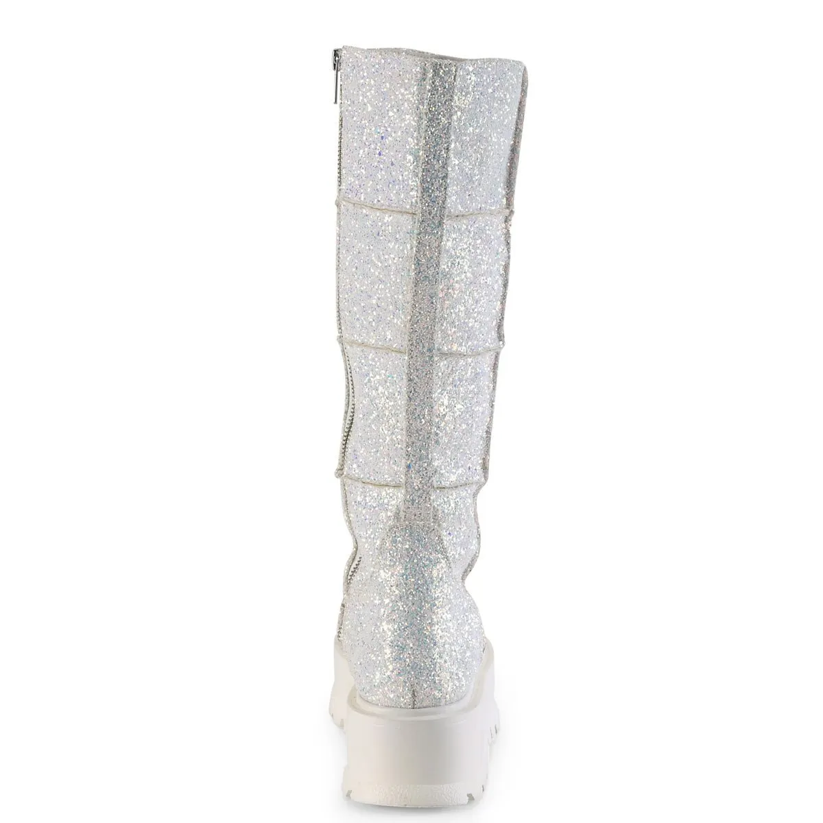 Demonia SLACKER-230 | White Glitter Knee High Boots