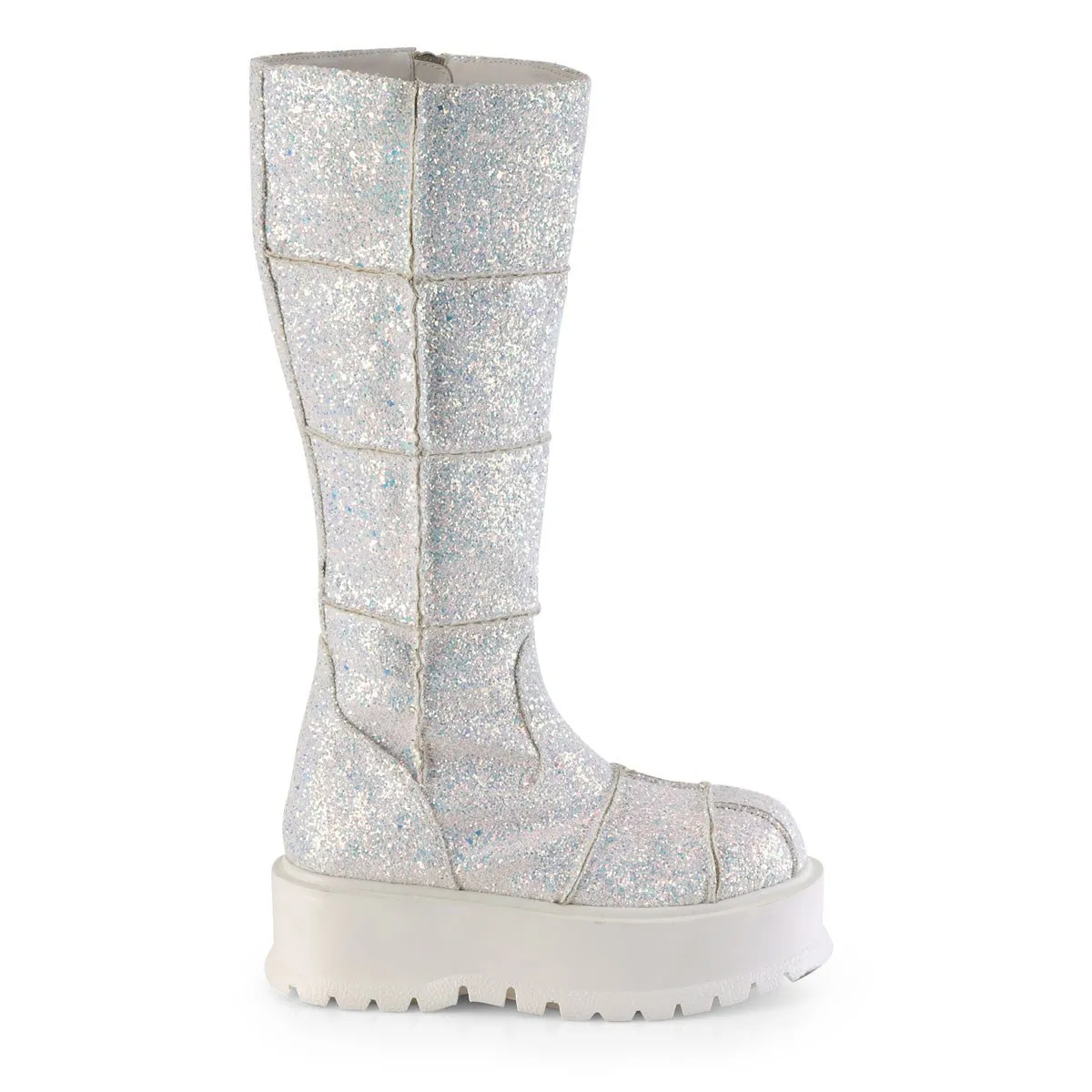 Demonia SLACKER-230 | White Glitter Knee High Boots