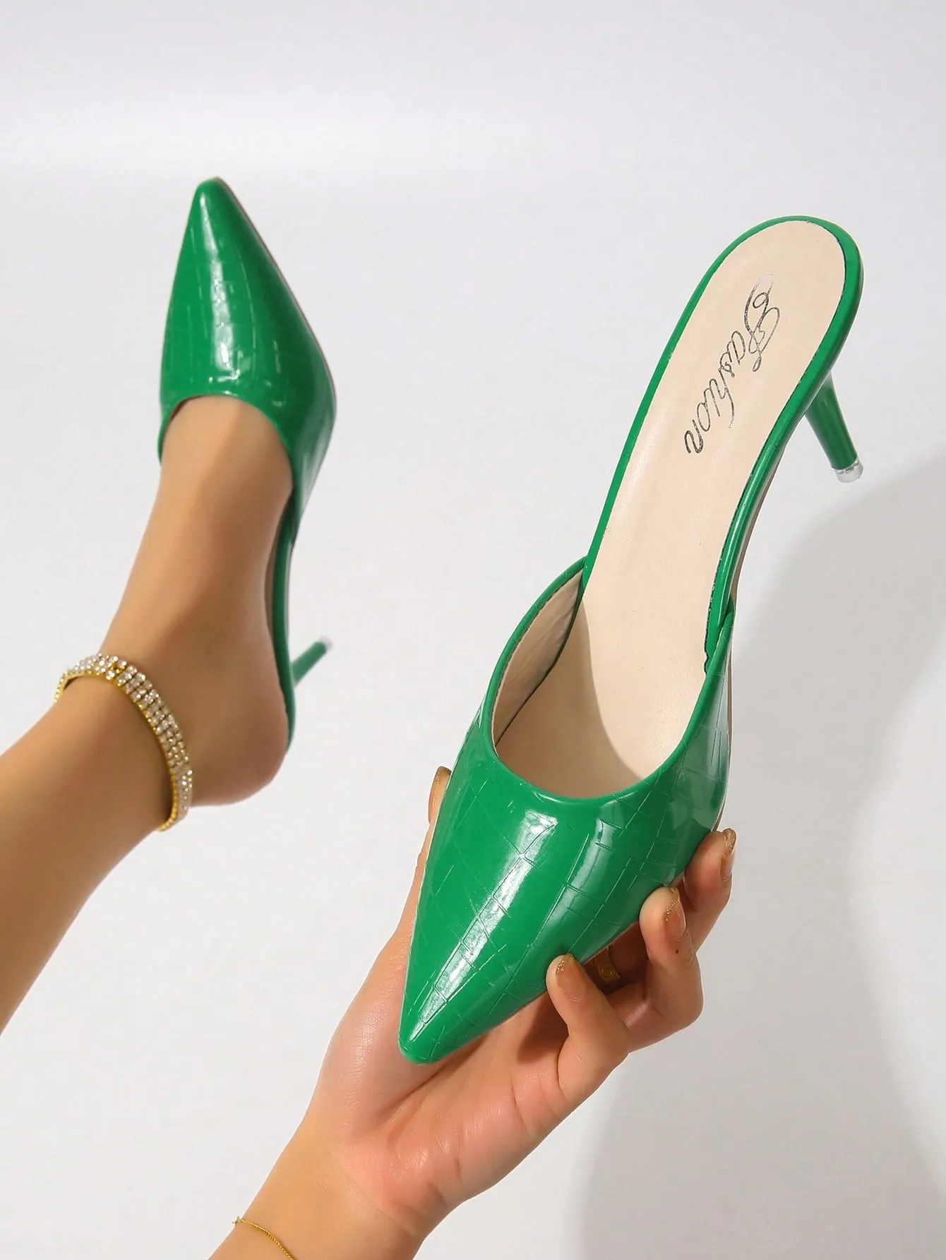 Elegant Mule Pumps For Women, Crocodile Embossed Stiletto Heeled Pumps