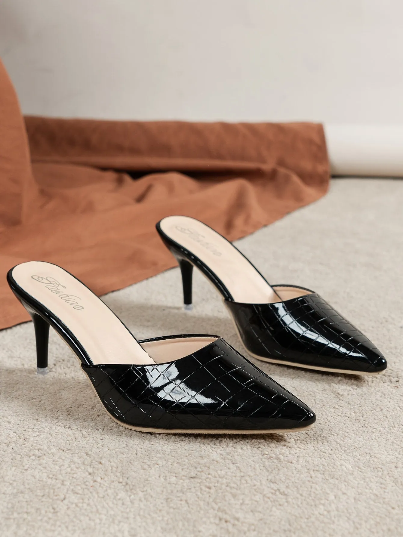 Elegant Mule Pumps For Women, Crocodile Embossed Stiletto Heeled Pumps