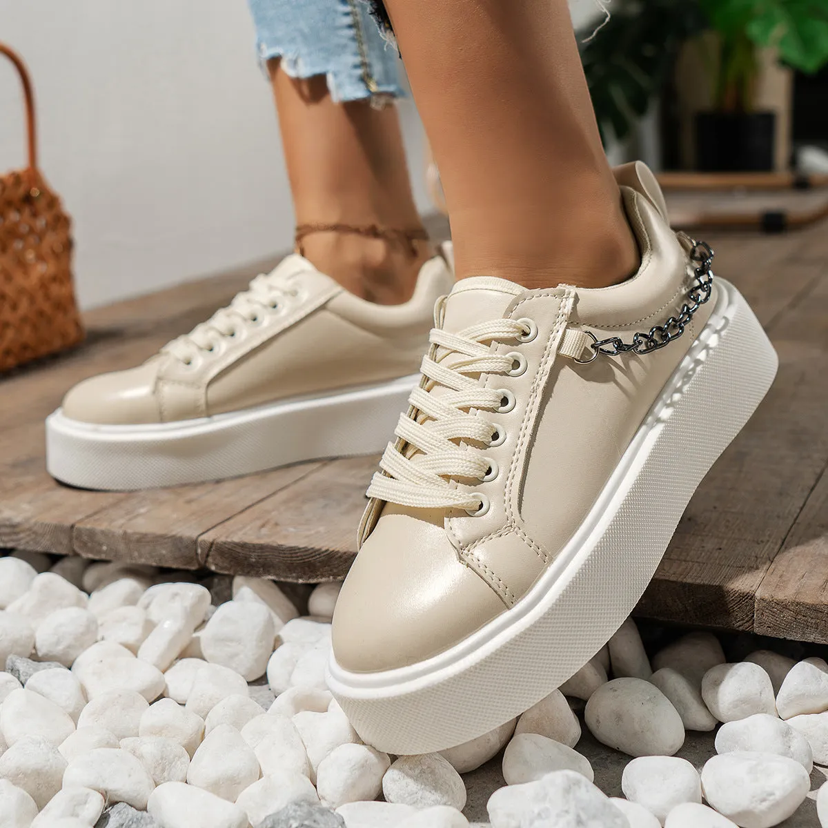 elveswallet Platform Lace Up Metal Chain Sneakers