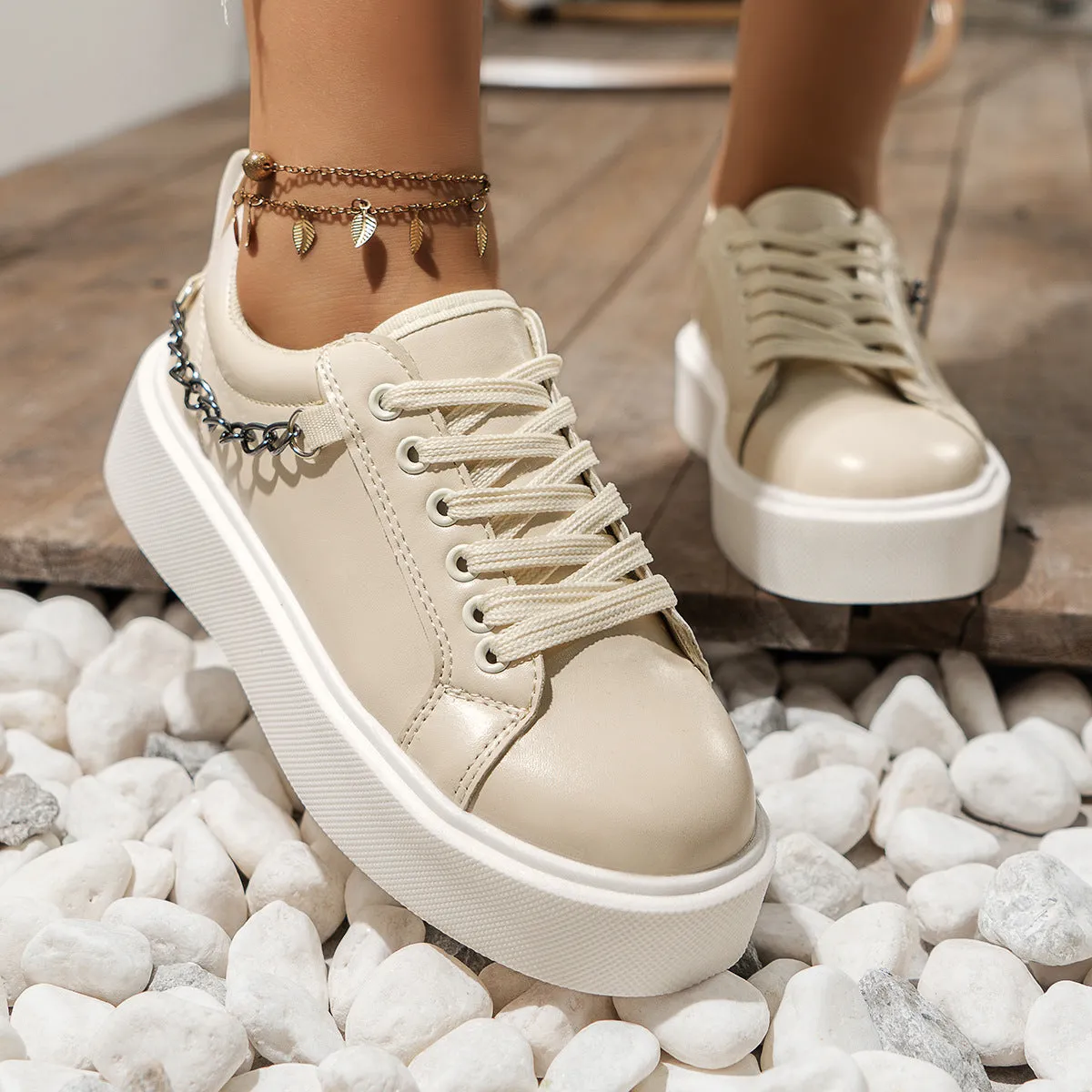 elveswallet Platform Lace Up Metal Chain Sneakers