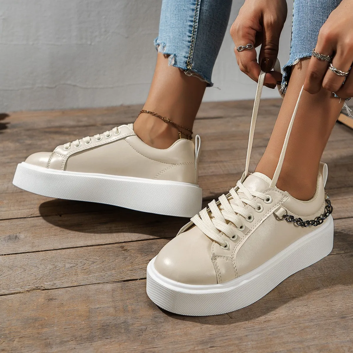 elveswallet Platform Lace Up Metal Chain Sneakers