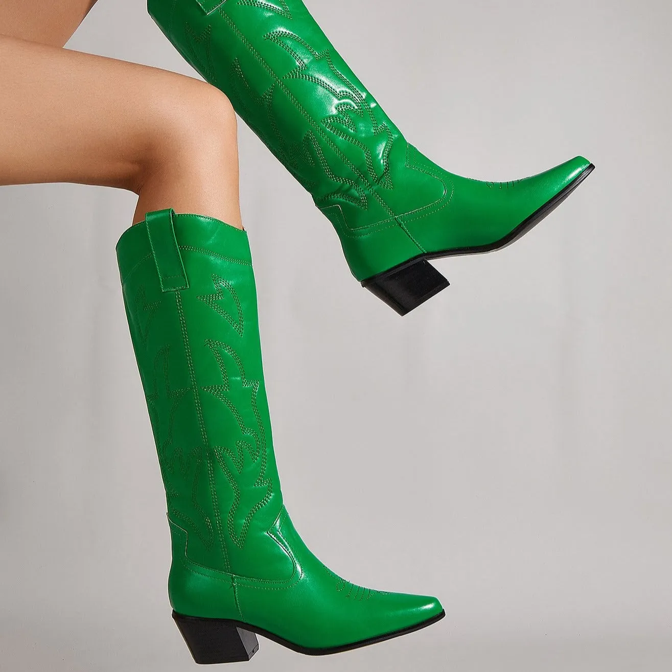 Embroidered Thick Heeled Pointed Toe Boots