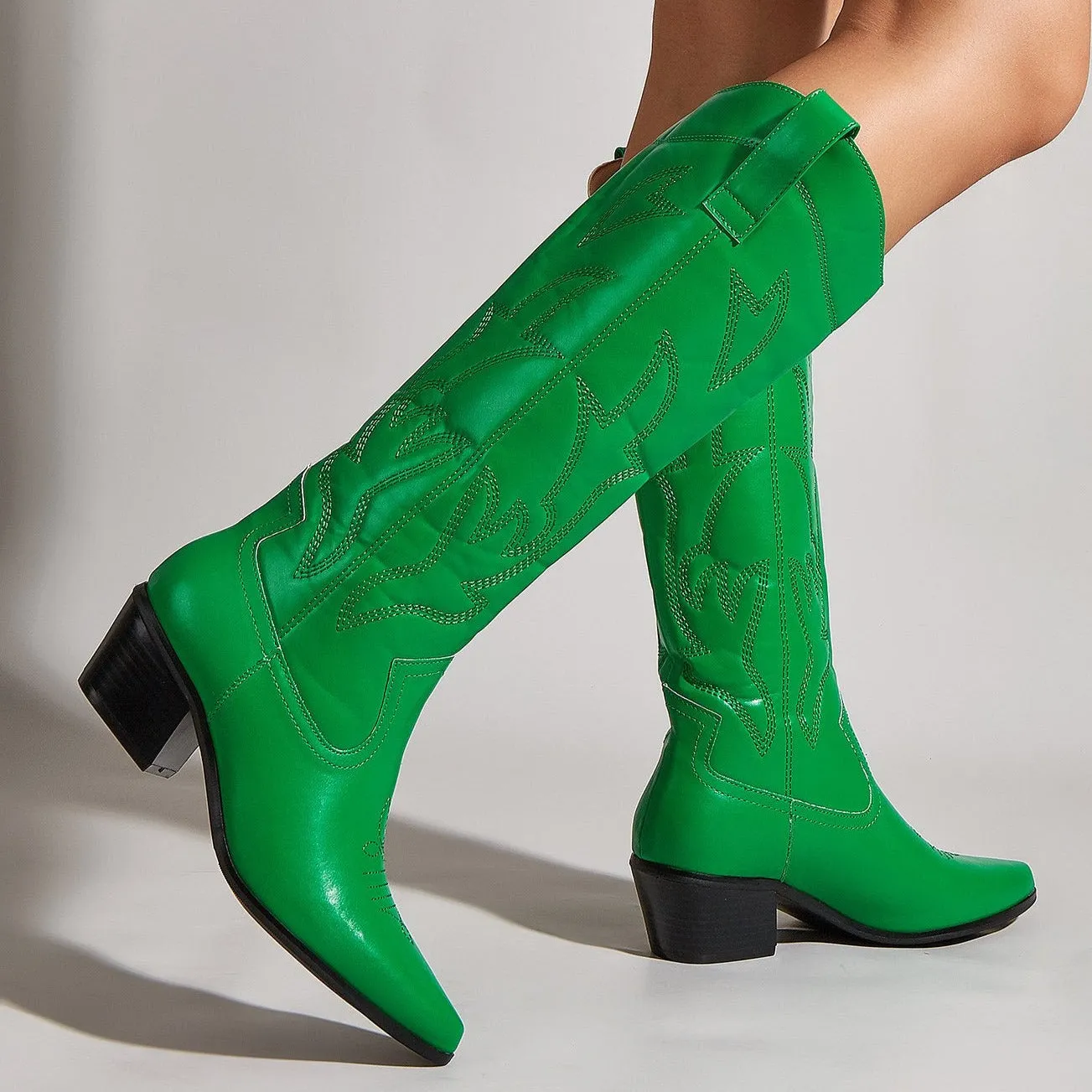 Embroidered Thick Heeled Pointed Toe Boots