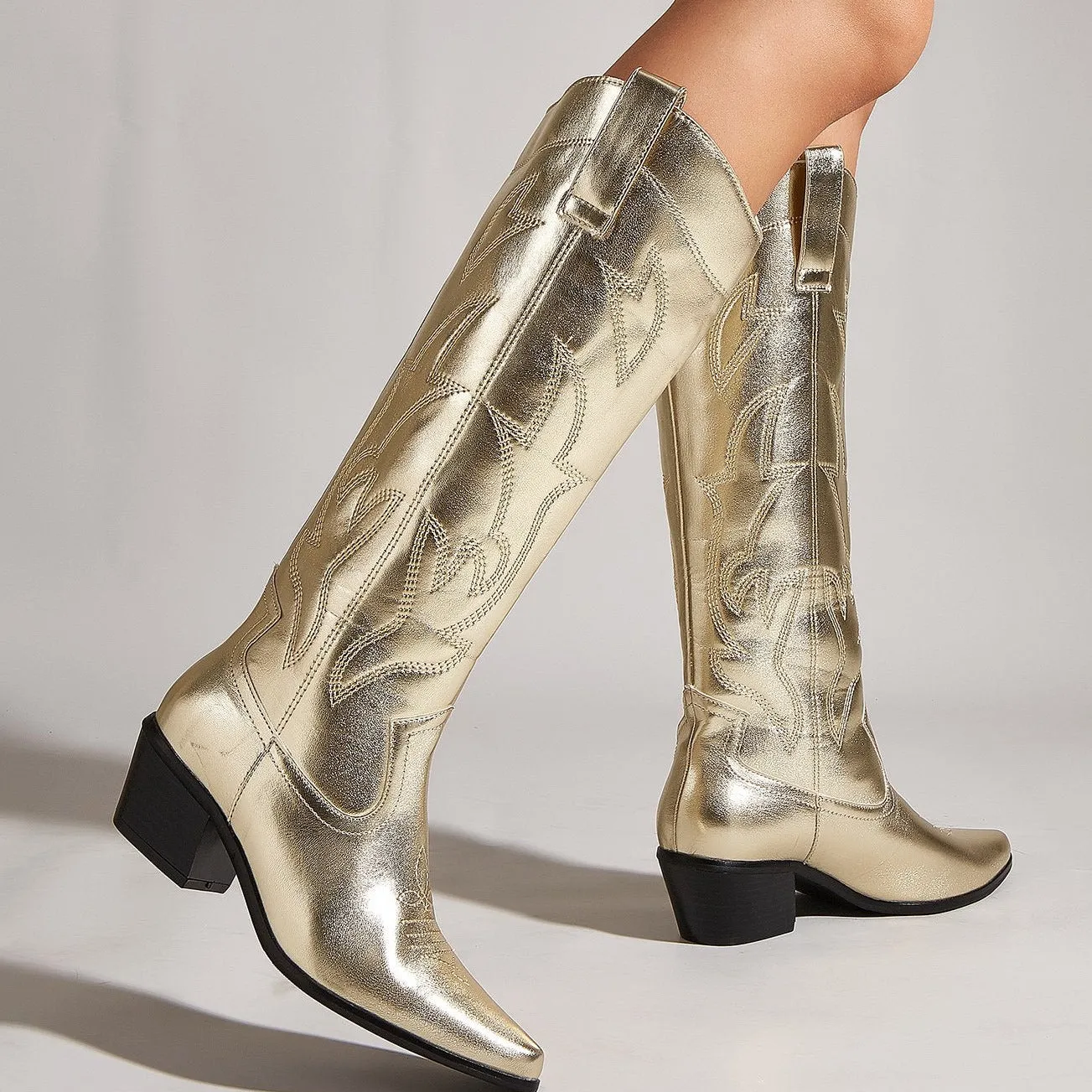 Embroidered Thick Heeled Pointed Toe Boots