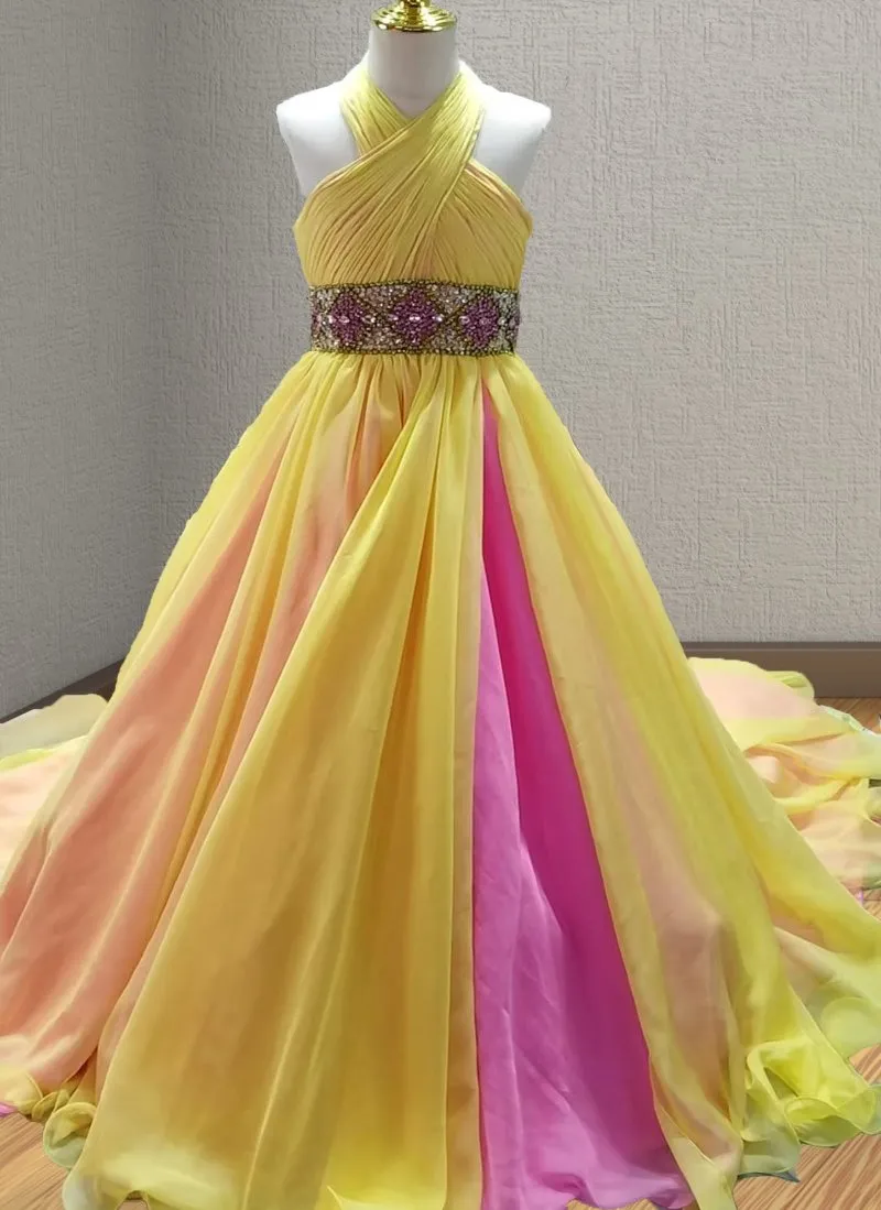 Halter Beaded Bodice Little Girl Colorful Ball Gowns