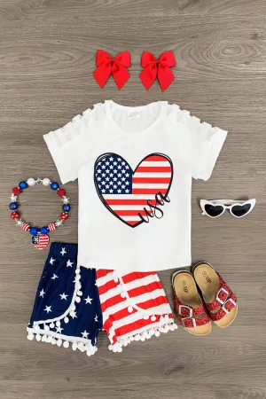 Heart "USA" Flag Pom Pom Short Set