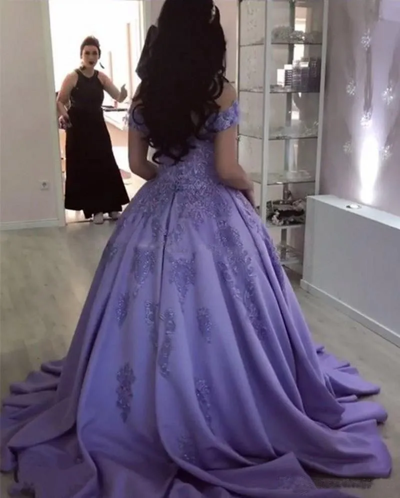 Lavender Ball Gown Off The Shoulder Lace Appliques Prom Dresses BD4185