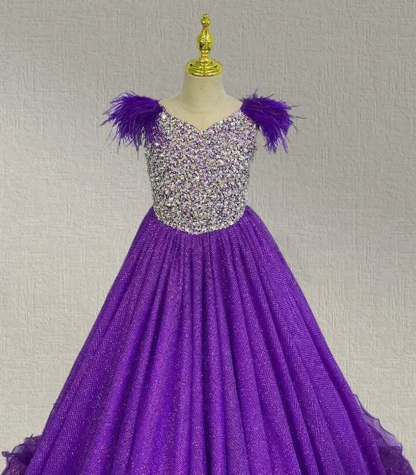 Little Girls Stunning Purple Evening Gown with Feather