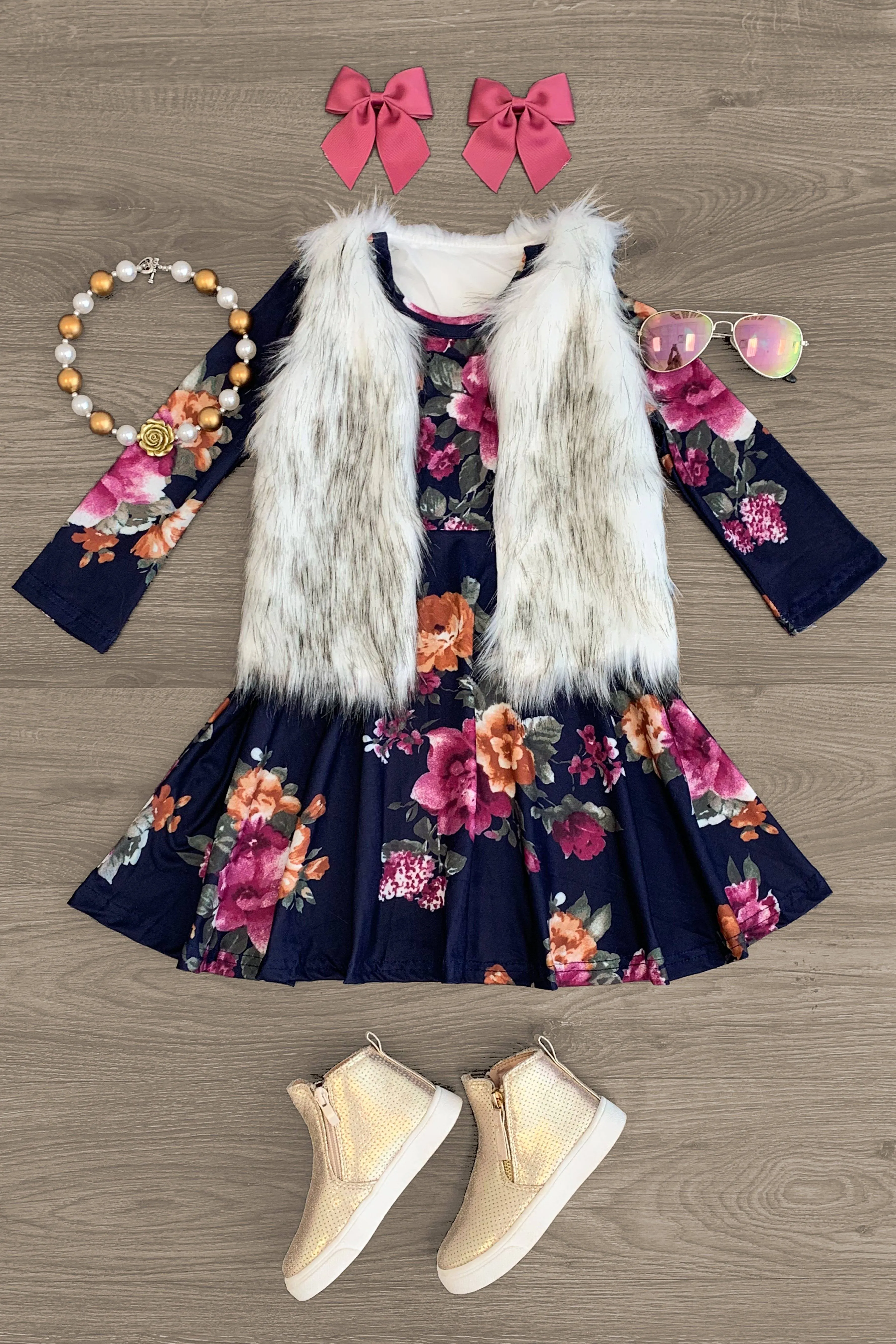 Navy Floral Long Sleeve Dress