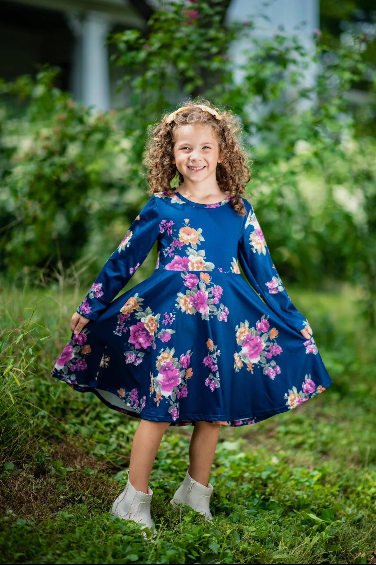 Navy Floral Long Sleeve Dress