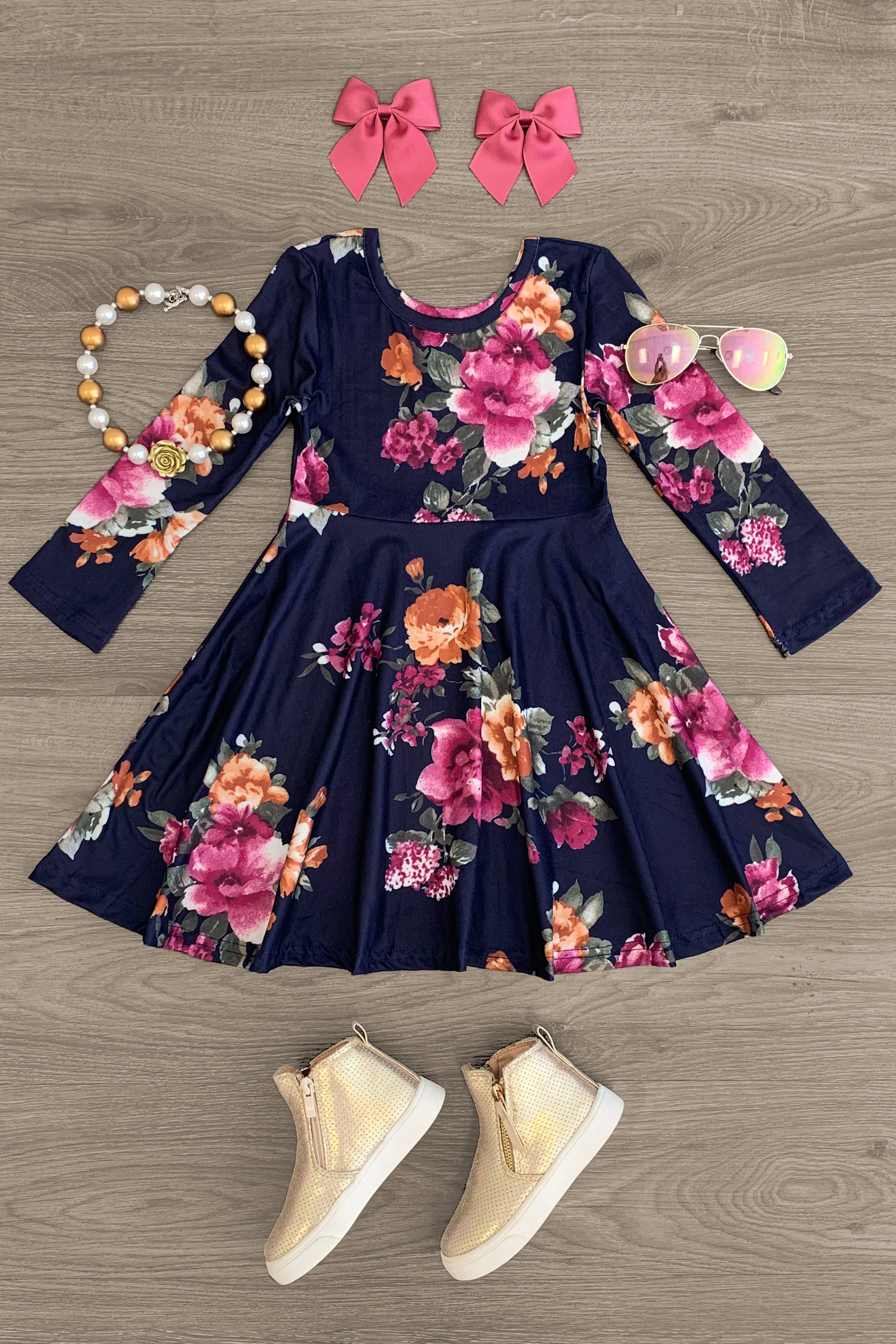 Navy Floral Long Sleeve Dress