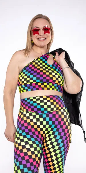 Neon Pop Checkers - Teardrop One-Shoulder Sports Bra [Final Sale]