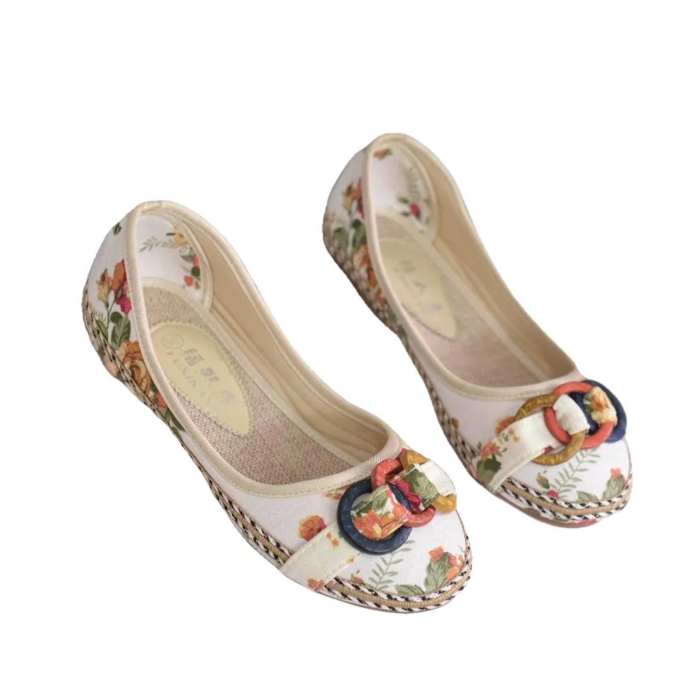 New Flowers Bowknot Handmade Shoes Women'S Floral Soft Flat Bottom Casual Sandals Folk Style Women