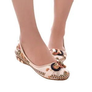 New Flowers Bowknot Handmade Shoes Women'S Floral Soft Flat Bottom Casual Sandals Folk Style Women