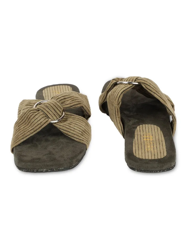 Paaduks Zima Crossover Corduroy Slides for Women (Army Green)