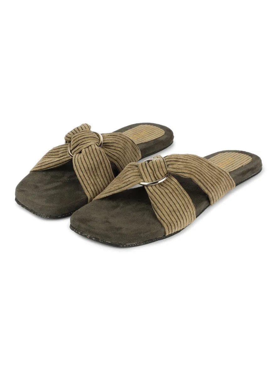 Paaduks Zima Crossover Corduroy Slides for Women (Army Green)