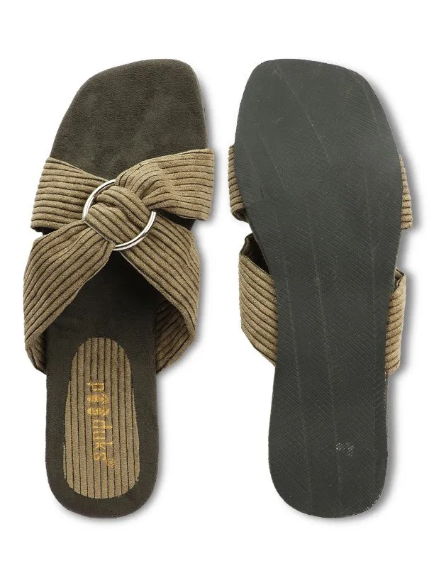 Paaduks Zima Crossover Corduroy Slides for Women (Army Green)