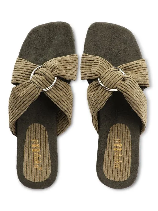 Paaduks Zima Crossover Corduroy Slides for Women (Army Green)