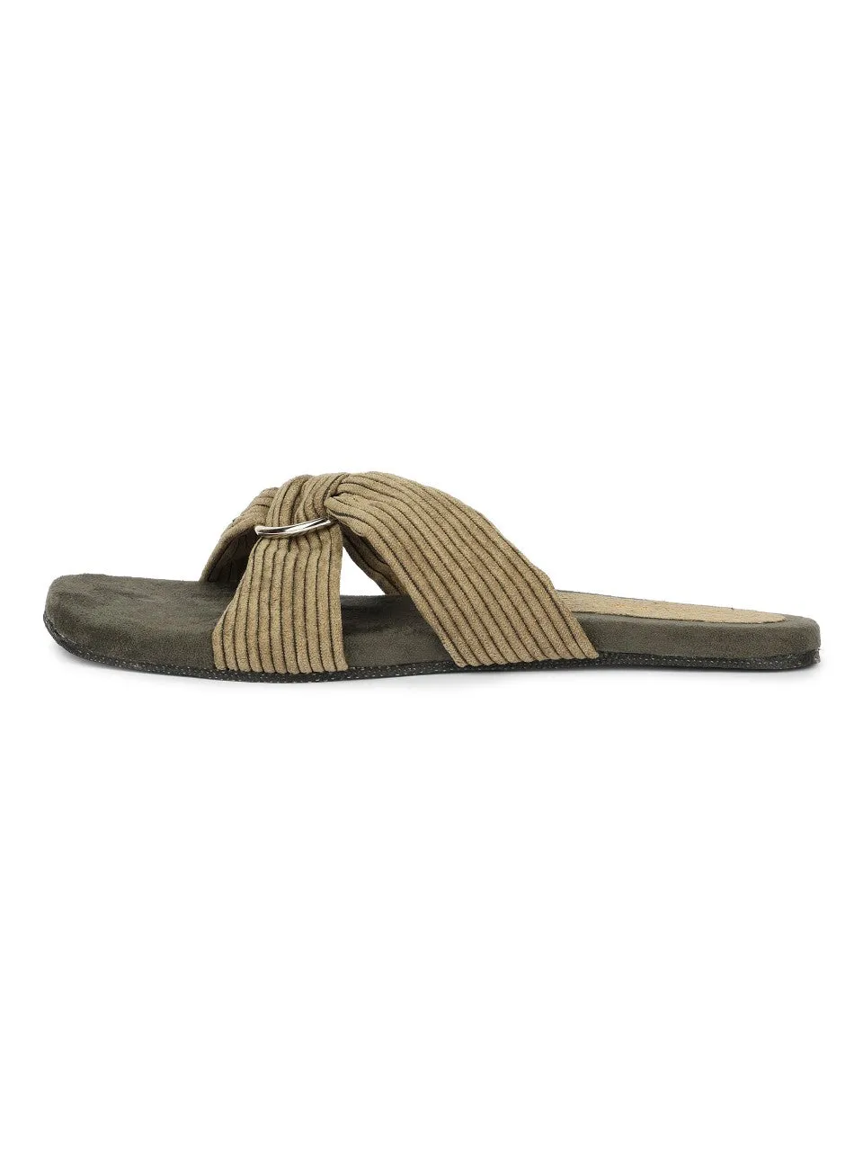 Paaduks Zima Crossover Corduroy Slides for Women (Army Green)