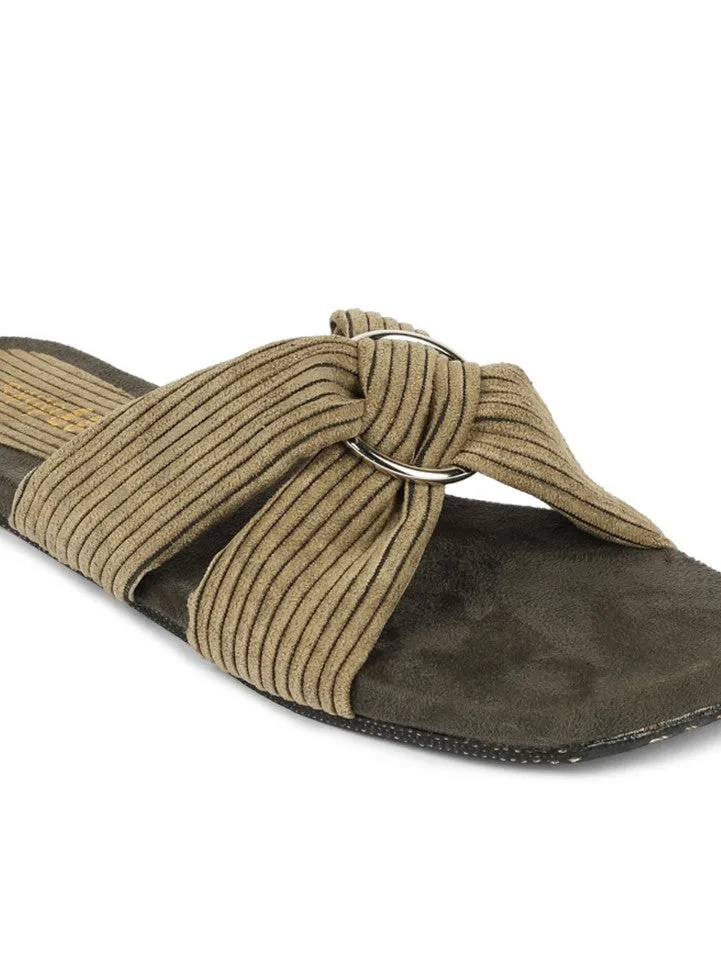 Paaduks Zima Crossover Corduroy Slides for Women (Army Green)