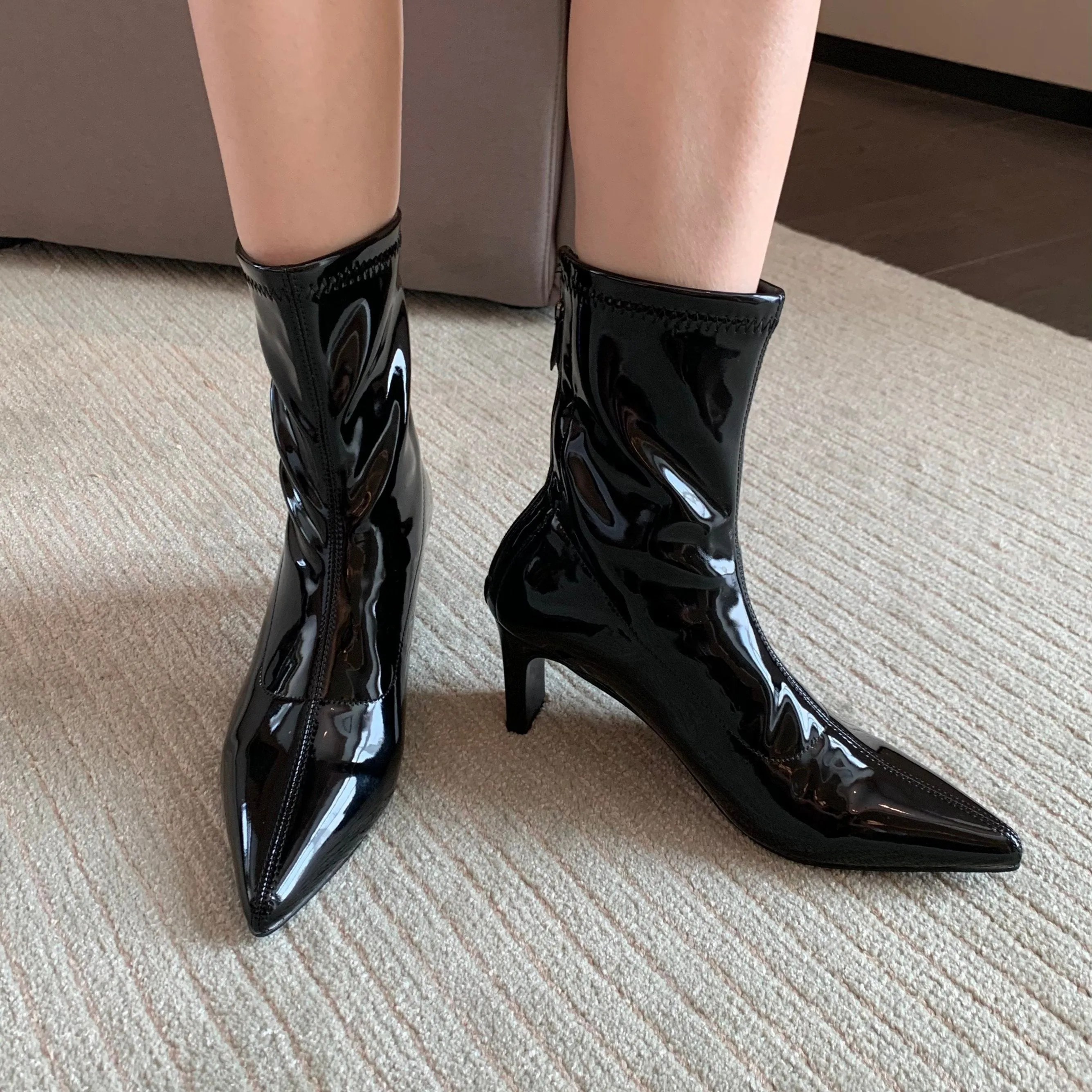 Patent Leather Pointed Toe Mid-thigh High Heel Boots