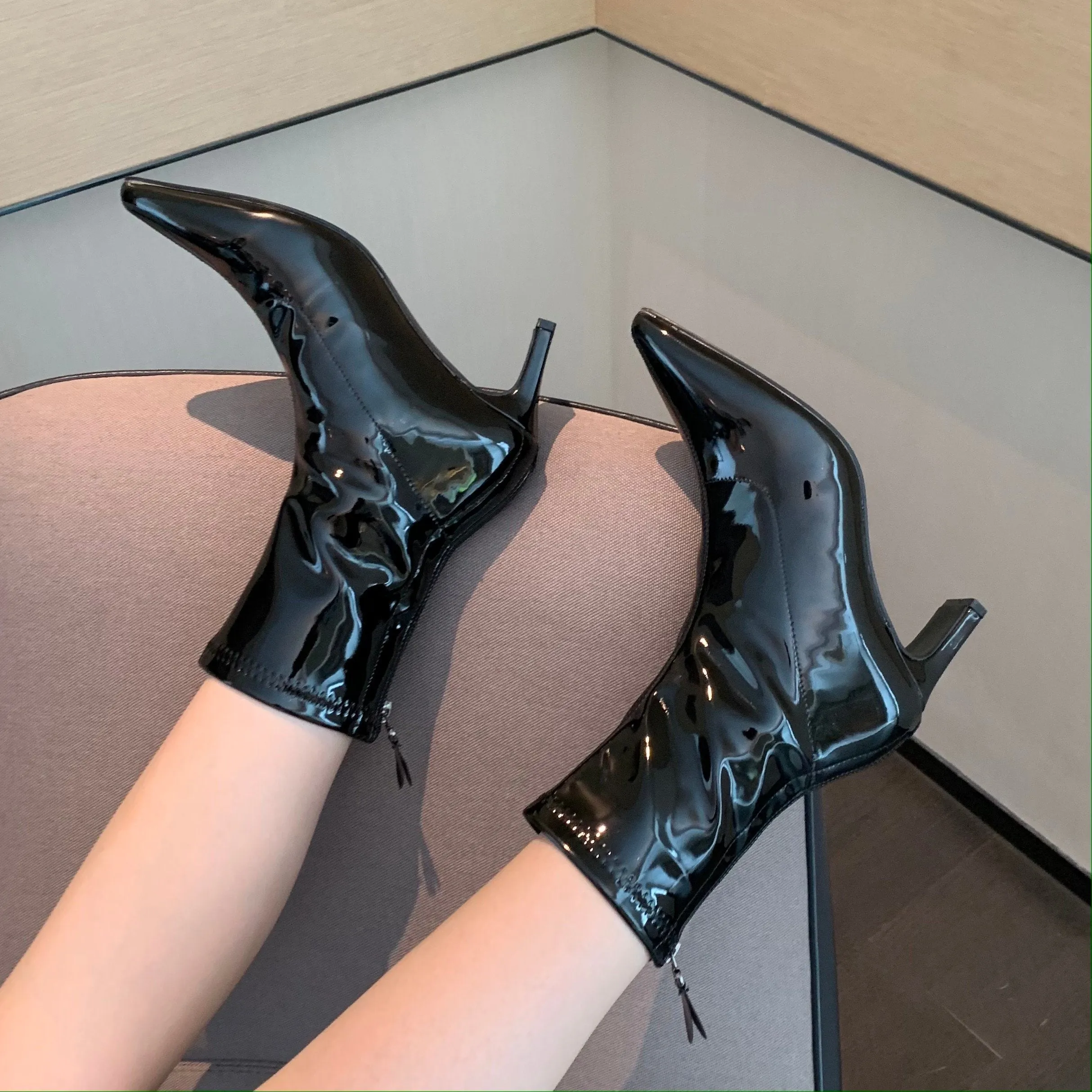 Patent Leather Pointed Toe Mid-thigh High Heel Boots