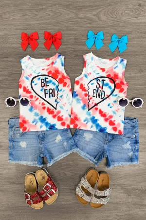 "Best Friends" Tie Dye Red White & Blue Top