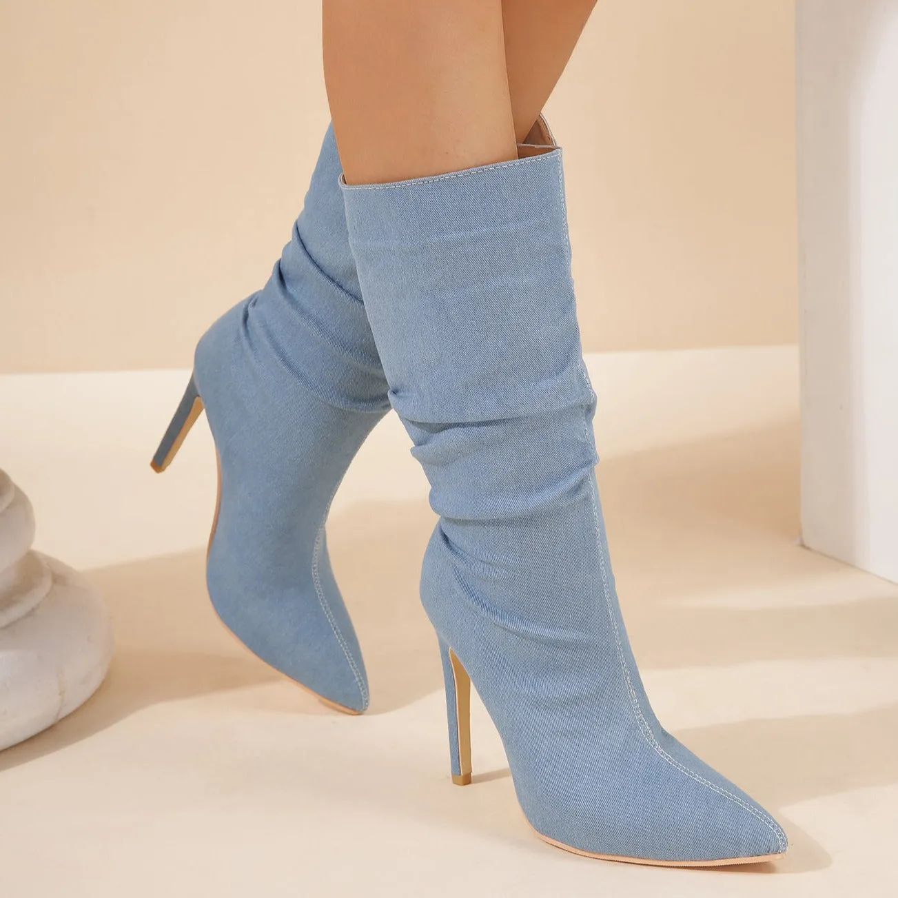 Ruched Denim Pointy Toe Heeled Boots