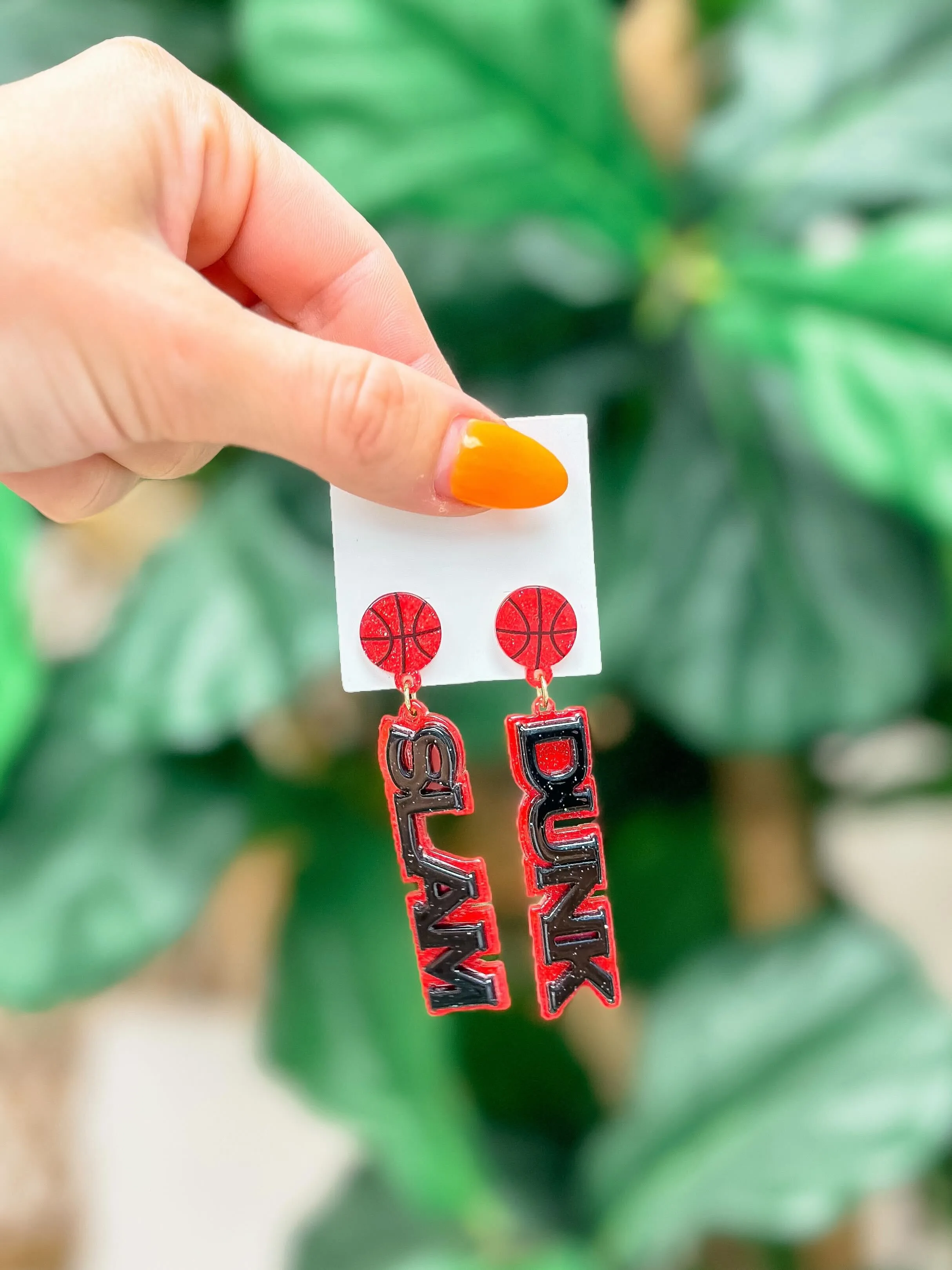 'Slam Dunk' Statement Dangle Earrings - Red & Black Glitter