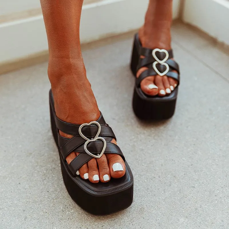 Slope Heel Thick Soled Love Decorative Buckle Sandals