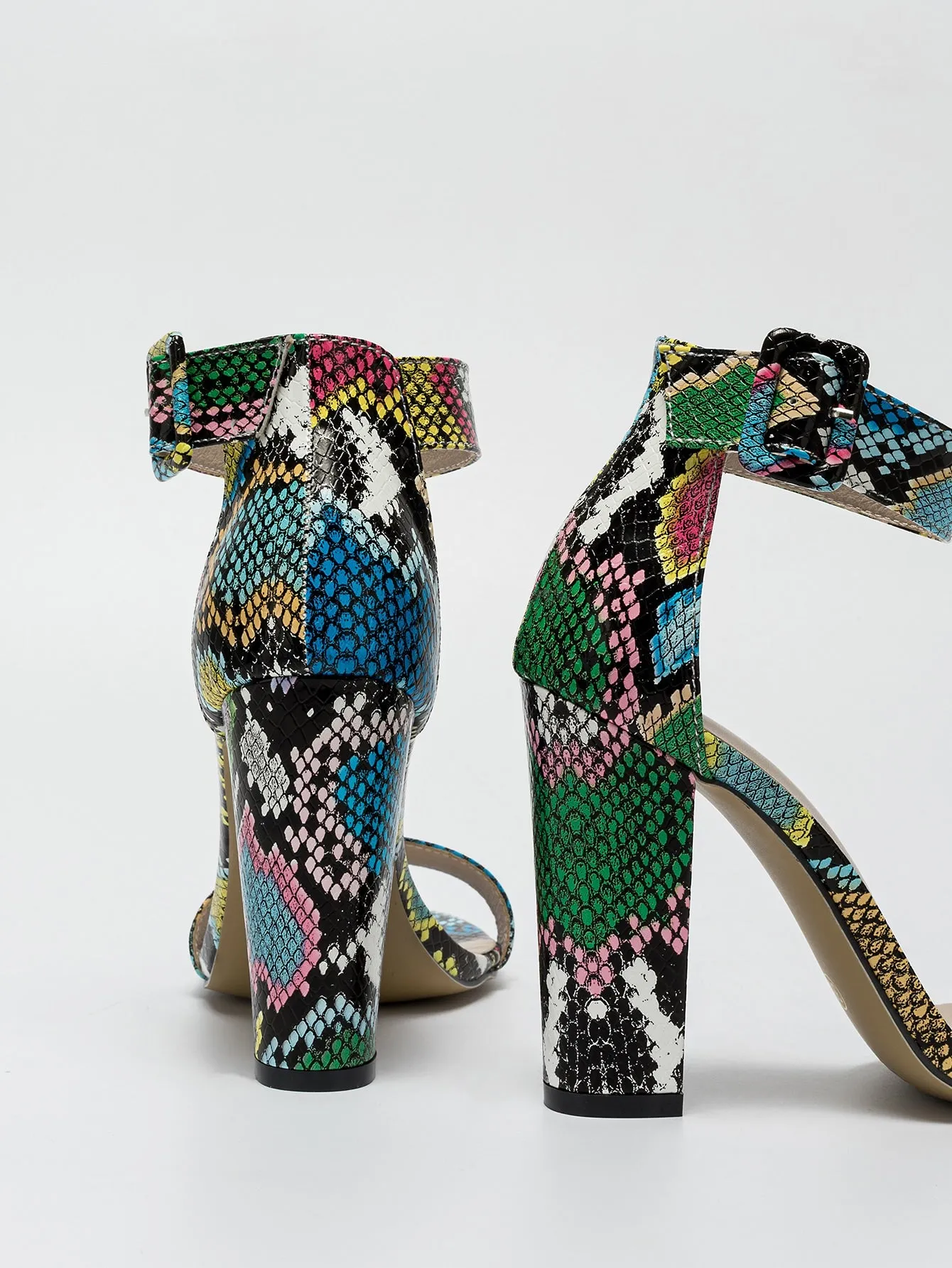 Snakeskin Print Chunky Heeled Ankle Strap Sandals