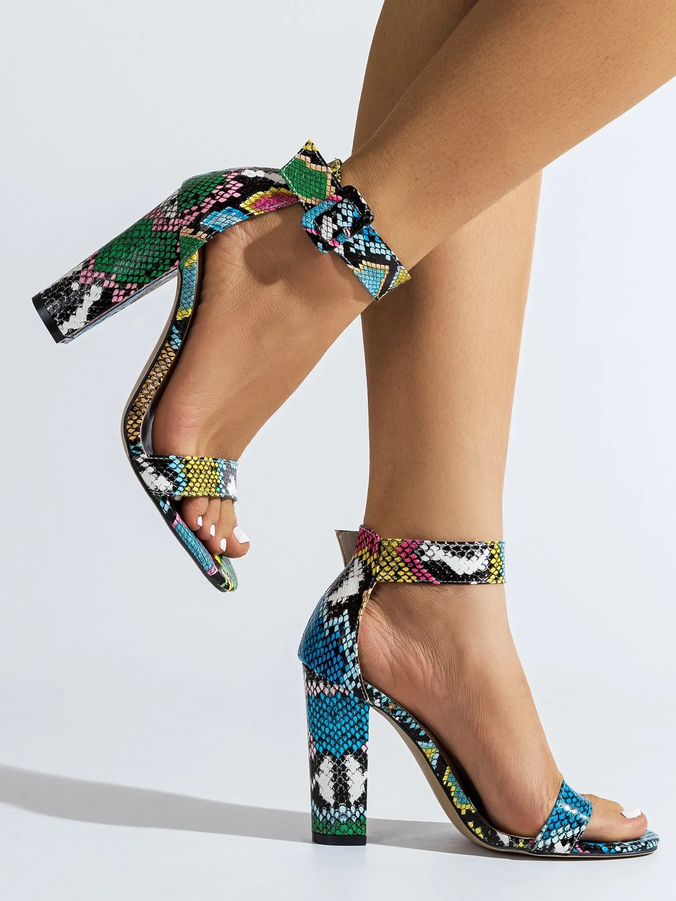 Snakeskin Print Chunky Heeled Ankle Strap Sandals