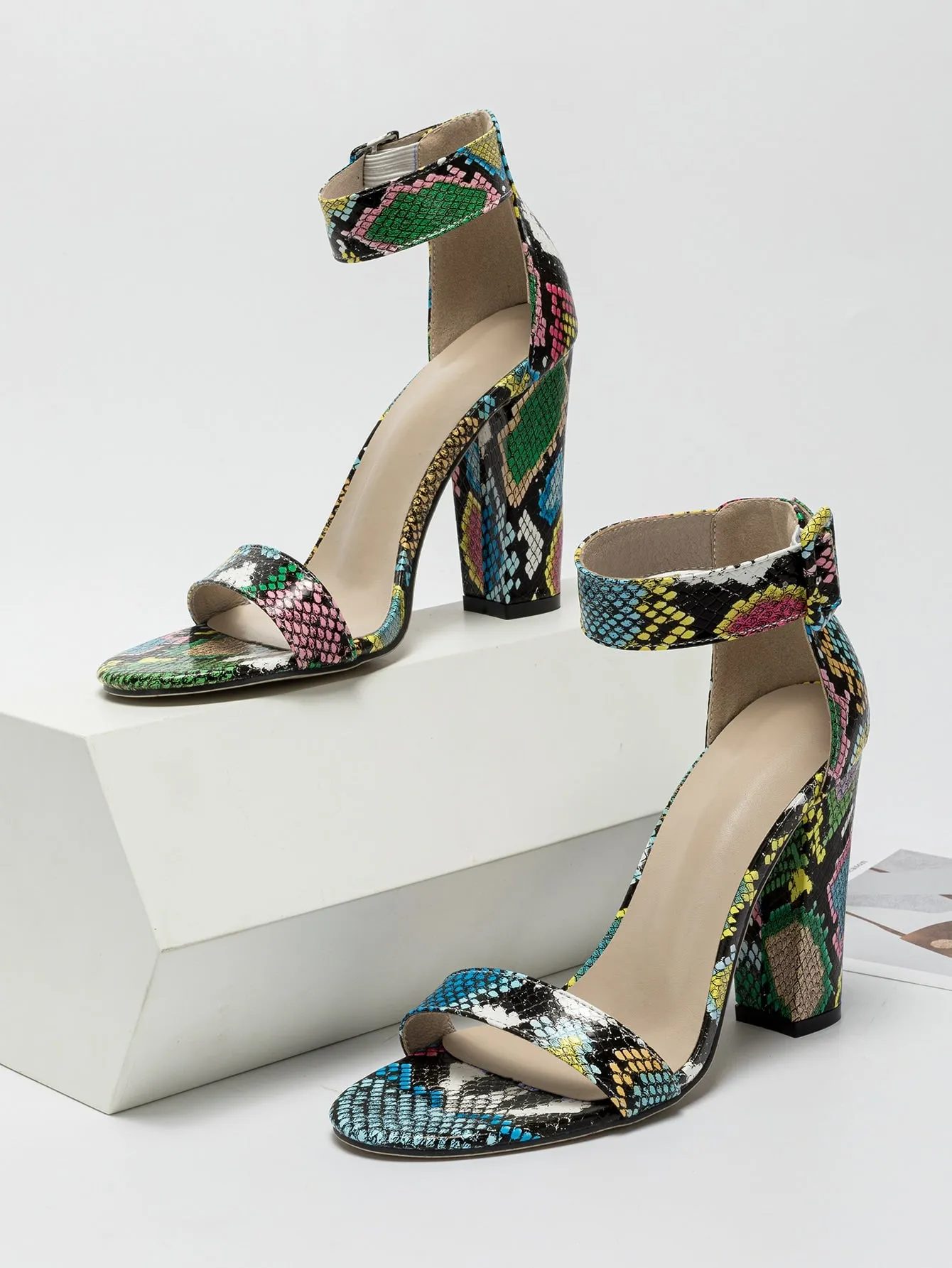 Snakeskin Print Chunky Heeled Ankle Strap Sandals