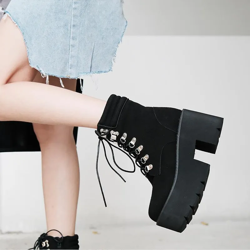 Suede Lace Up Platform Ankle Martin Boots Minimalist Chelsea Boots