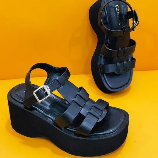 Thick Soled Slope Heeled Roman Sandals